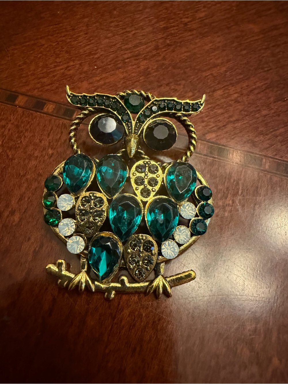 Gold Owl Brooch with Teal and Emerald Rhinestones